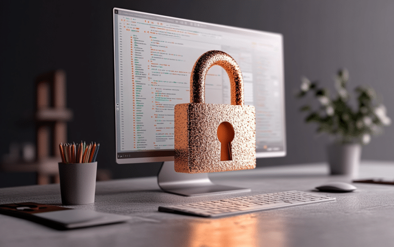 Ilustração de um monitor a apresentar linhas de código com um cadeado em 3D que salta à frente